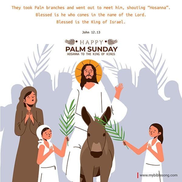Palm Sunday celebration with Jesus riding a donkey, children presenting palm branches, and a biblical quote from John 12:13. Perfect for Christian worship and religious education resources.
