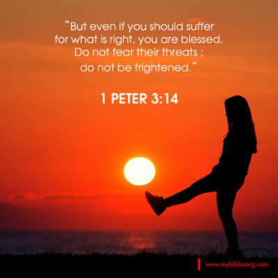 But even if you should suffer for what is right, you are blessed. “Do not fear their threats, do not be frightened. 1 Peter 3:14 Heavenly sunrise with a silhouette of a girl balancing on one leg, inspiring faith and trust in God's word from 1 Peter 3:14 about blessing and overcoming fear.