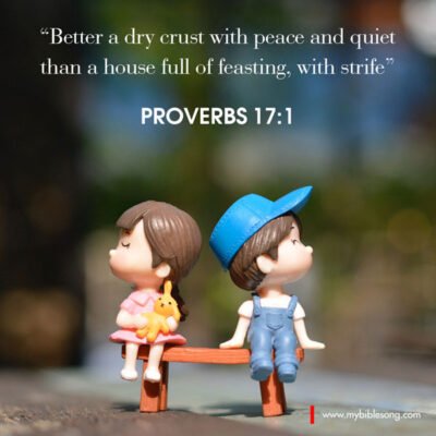 Better is a dry morsel with quiet than a house full of feasting with strife. Proverbios 17:1 Acrylic figurines of a boy and girl sitting on a bench with a Bible quote about peace and quiet, emphasizing biblical inspiration, Christian faith, and devotional moments.