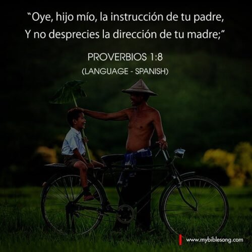 Father and son with bicycle outdoors, sharing a moment of teaching and respect, Proverbs 1:8 Spanish bible verse, faith-based family, spiritual guidance, Christian parenting, nature setting, inspirational quote for faith and education, My Bible Song.