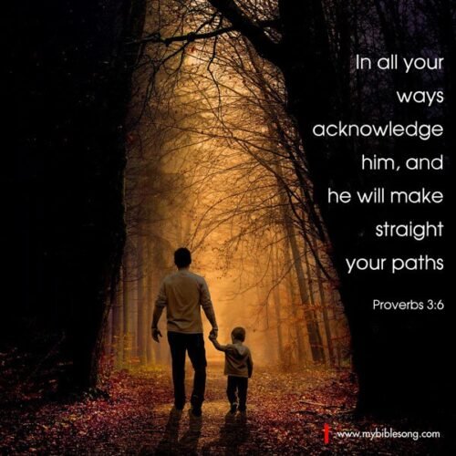 Guided walk in a forest during sunset, showing a father and child holding hands, representing faith and guidance; perfect for Christian inspiration and biblical encouragement.