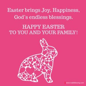 Celebrate a Joyful Easter : Happy Easter Wishes Images and Quotes with Bible Verses My Bible Song 2026 Heartfelt Easter greeting card with a pink background, featuring a white rabbit made of hearts, conveying messages of joy, happiness, and blessings from the Bible; perfect for Christian Easter celebrations.