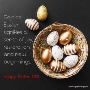 Celebrate a Joyful Easter : Happy Easter Wishes Images and Quotes with Bible Verses My Bible Song 2026 Golden and white decorated Easter eggs in a woven basket on dark background, celebrating resurrection, joy, and new beginnings with My Bible Song Easter message.