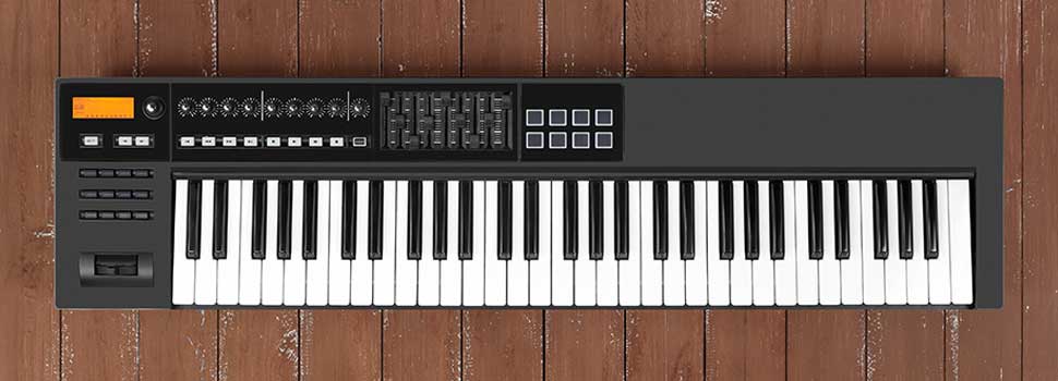Musical instrument black midi keyboard wood background