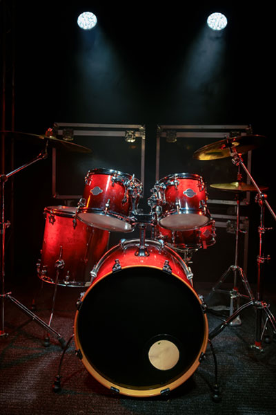 Red drum kit stage before concert