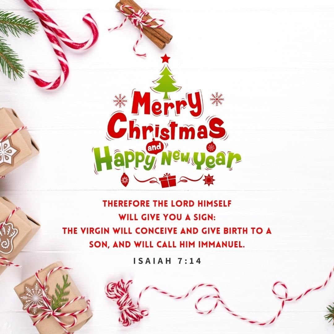 Joyful Christmas and New Year greeting for children, featuring Bible verse Isaiah 7:14 about Jesus' birth, with festive decorations and holiday themes.