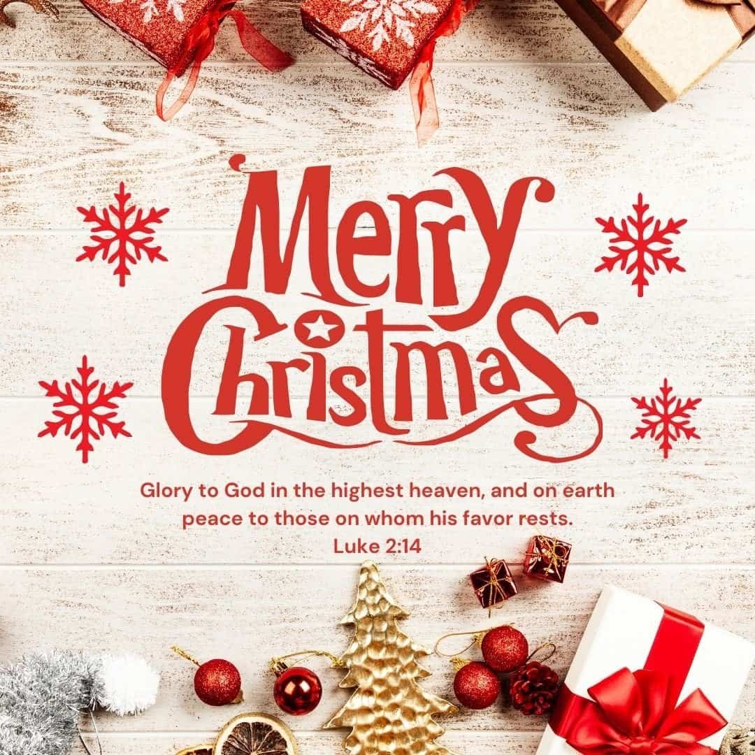 Jolly Christmas festive greeting card featuring presents, ornaments, and holiday decorations with the message "Merry Christmas" and a biblical blessing quote from Luke 2:14.