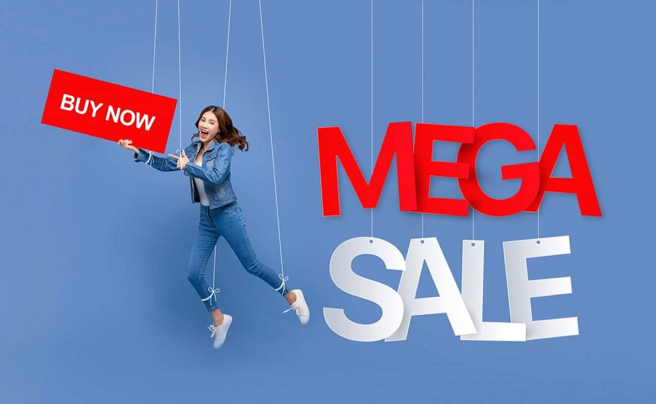 sale buy now offer with excited girl puppet with mega sale sign