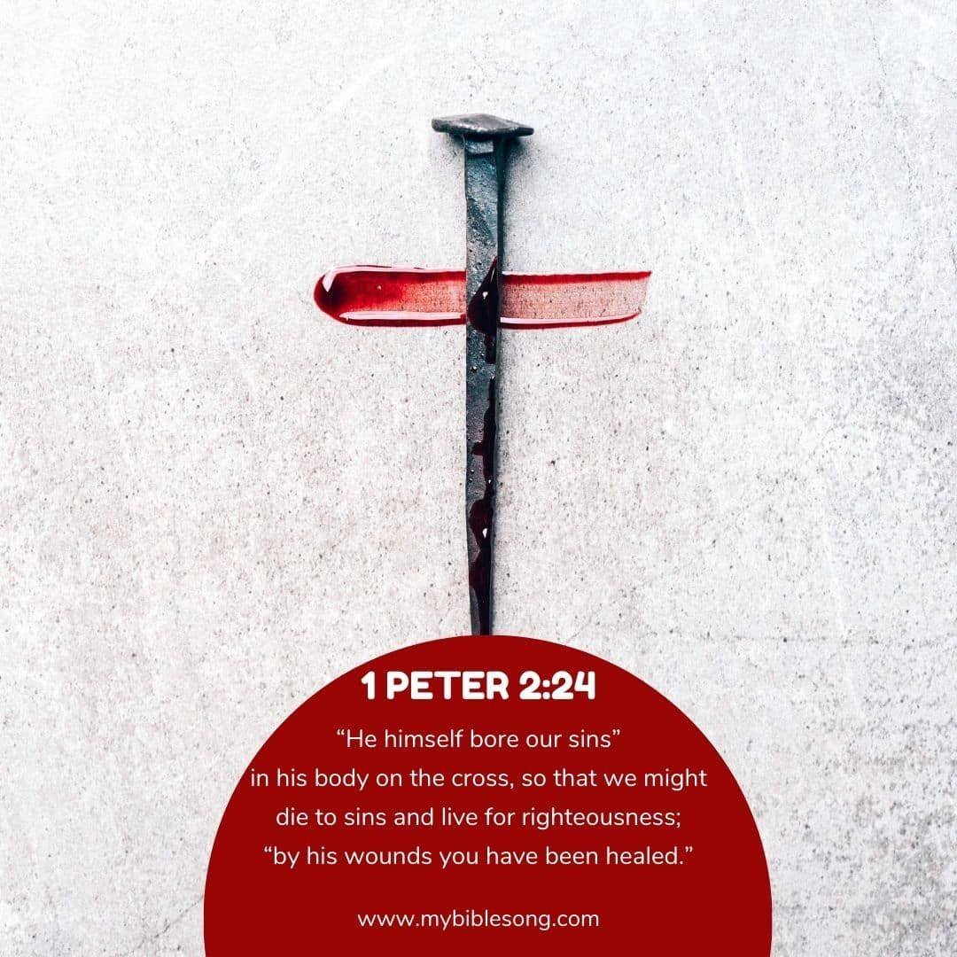 Father of Jesus cross with blood and scripture on concrete wall, Jesus sacrifice, salvation, redemption, Christian faith, biblical scripture, gospel message, 1 Peter 2:24.