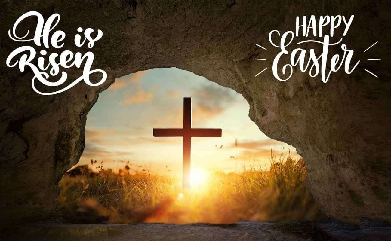 Celebrate a Joyful Easter : Happy Easter Wishes Images and Quotes with Bible Verses My Bible Song 2026 Risen Christ with Easter sunrise and cross viewed through rock opening, symbolizing resurrection, Christian faith, and hope during Easter season.