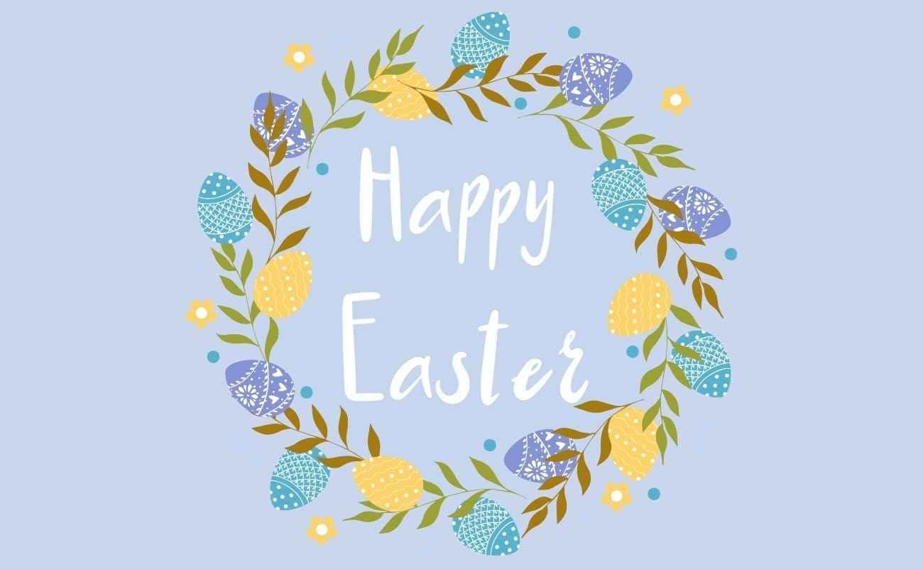 Celebrate a Joyful Easter : Happy Easter Wishes Images and Quotes with Bible Verses My Bible Song 2026 Happy Easter Text with Egg and Palm Branches Decoration