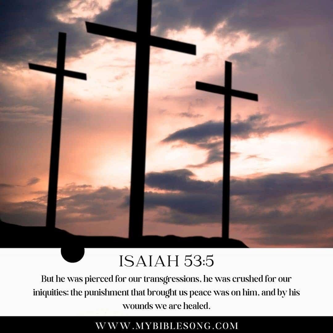 Pierced crosses against sunset sky, biblical scripture Isaiah 53:5, Jesus' sacrifice, Christian faith artwork for prayer, hope, and redemption, religious and spiritual imagery for church or devotional use.