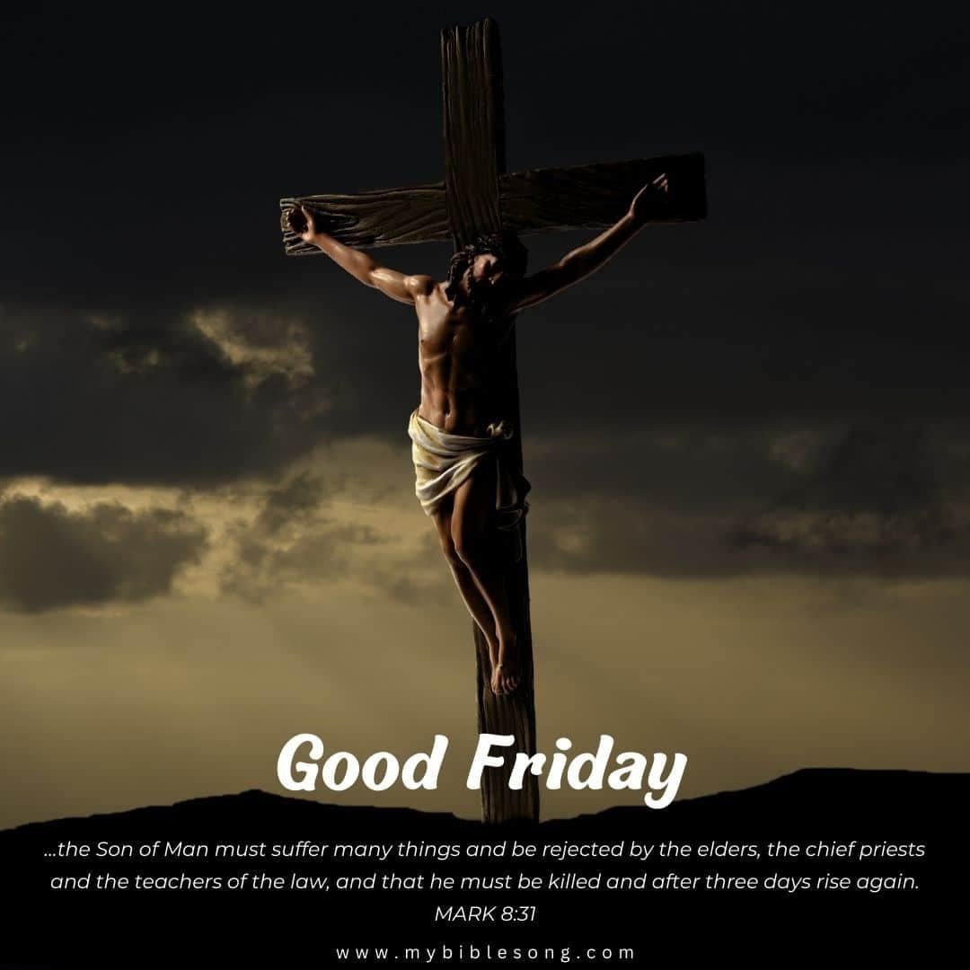 Crucifixion of Jesus Christ with dark cloudy sky background, representing Good Friday and biblical salvation themes.