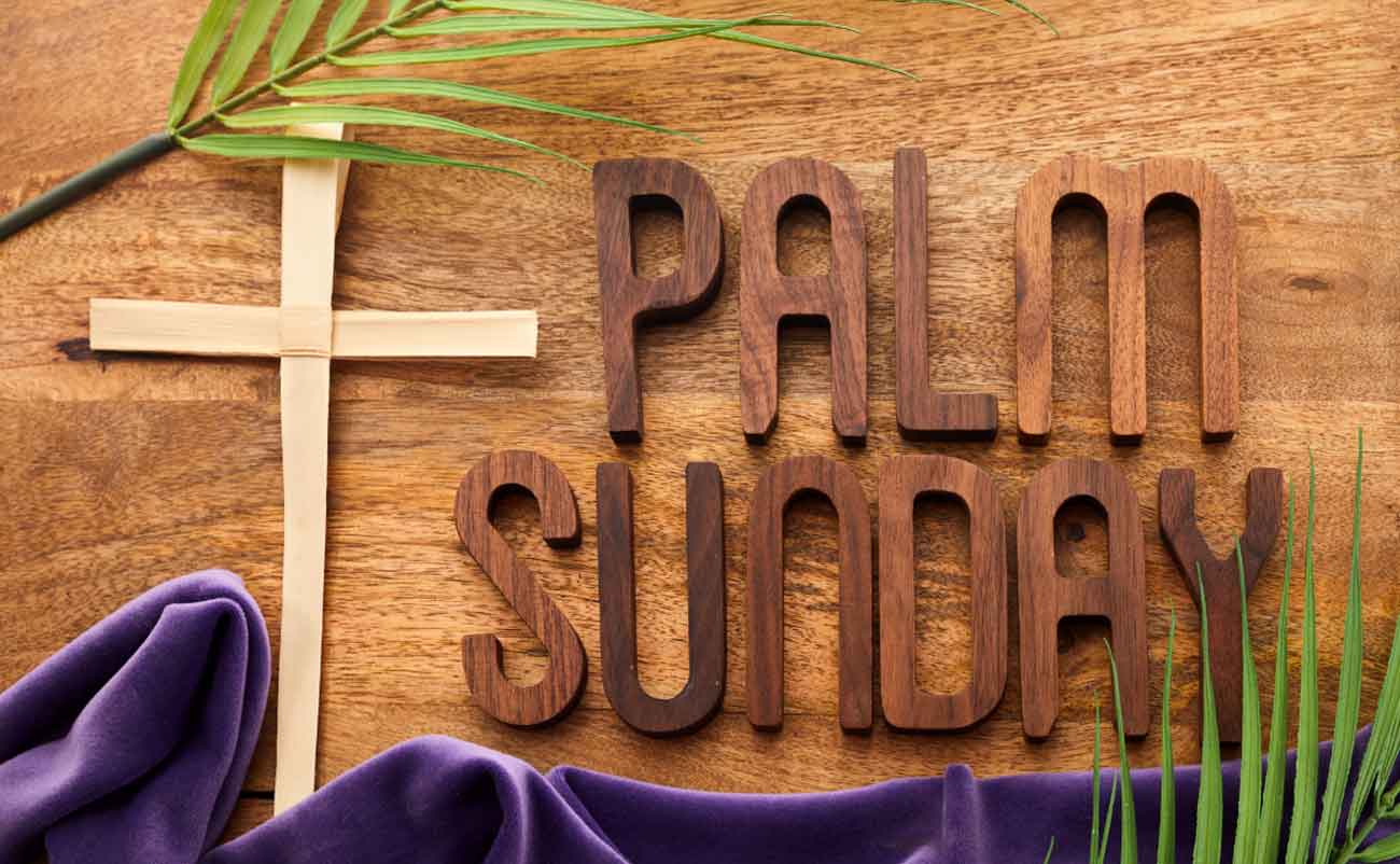 palm sunday cross and palm branch with text