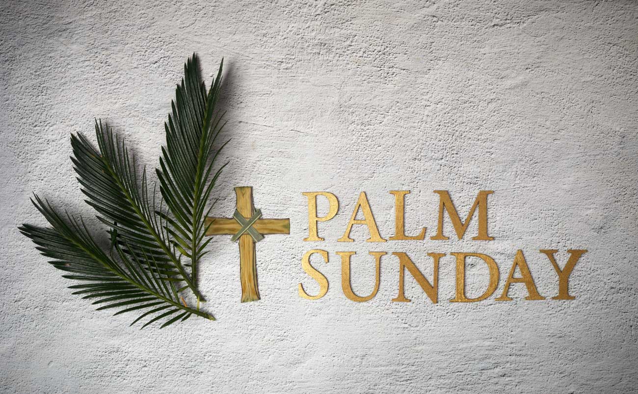 palm sunday text banner with palm branch wodden cross