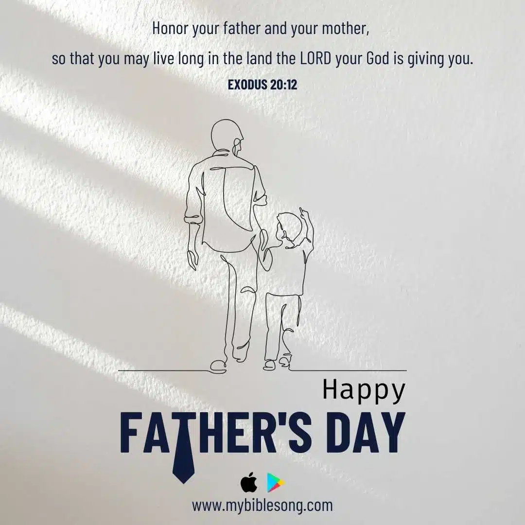 A father and child walking hand in hand, celebrating Father's Day with a biblically inspired message about honoring parents from Exodus 20:12.