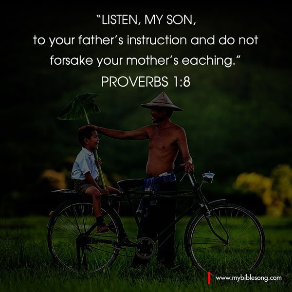 Listening to Proverbs 1:8 about obeying father's instructions and respecting mother's teachings, illustrated by a father giving advice to his son during a bike ride in a lush outdoor setting.