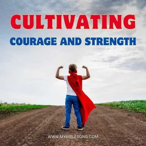 Courageous child dressed as a superhero with red cape standing confidently on a dirt road celebrating faith, strength, and bravery, inspired by biblical teachings for kids.