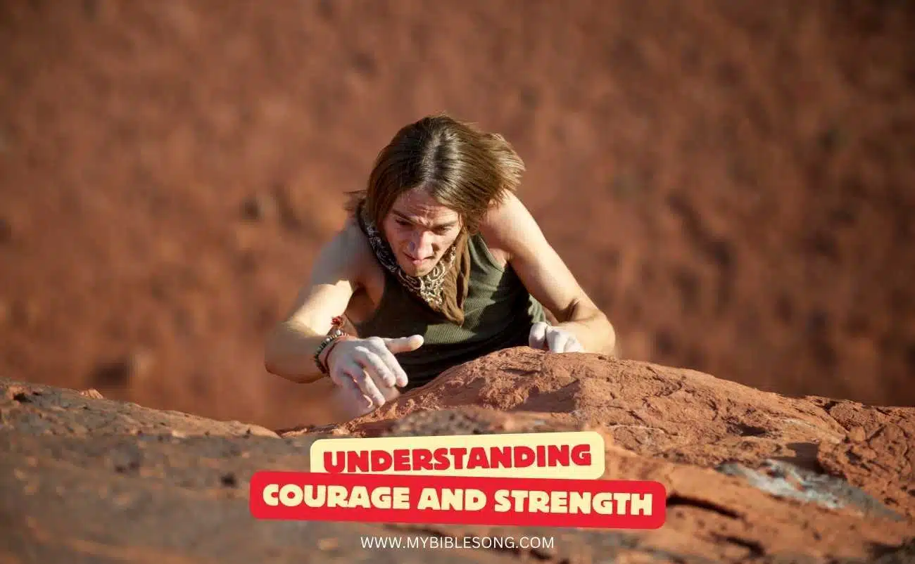 Climber girl rock climbing in desert with inscription understanding courage and strength.