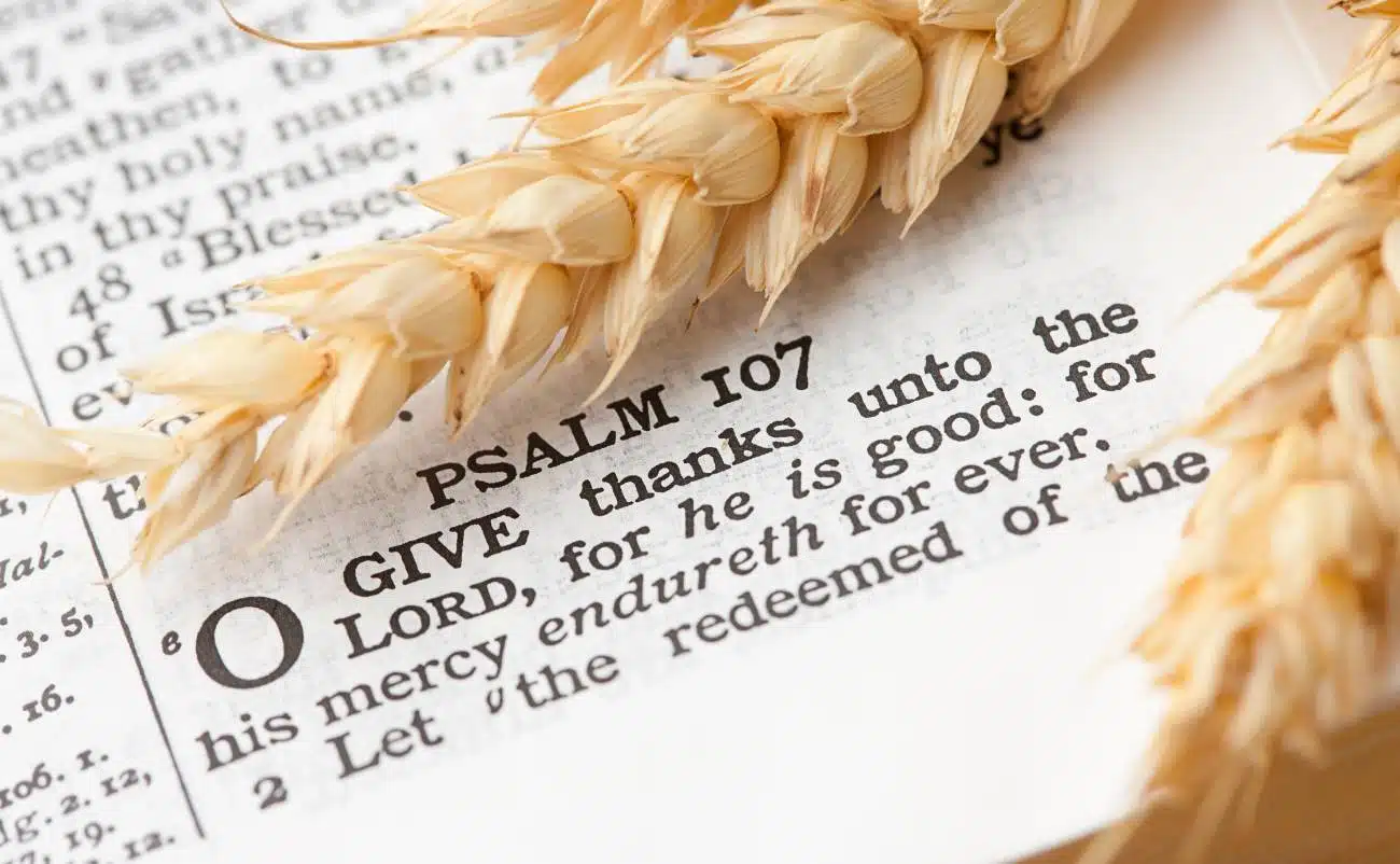 Psalm 107 Bible verse with wheat illustration, reflecting gratitude and divine mercy, ideal for Christian worship, Bible study, or devotional inspiration.