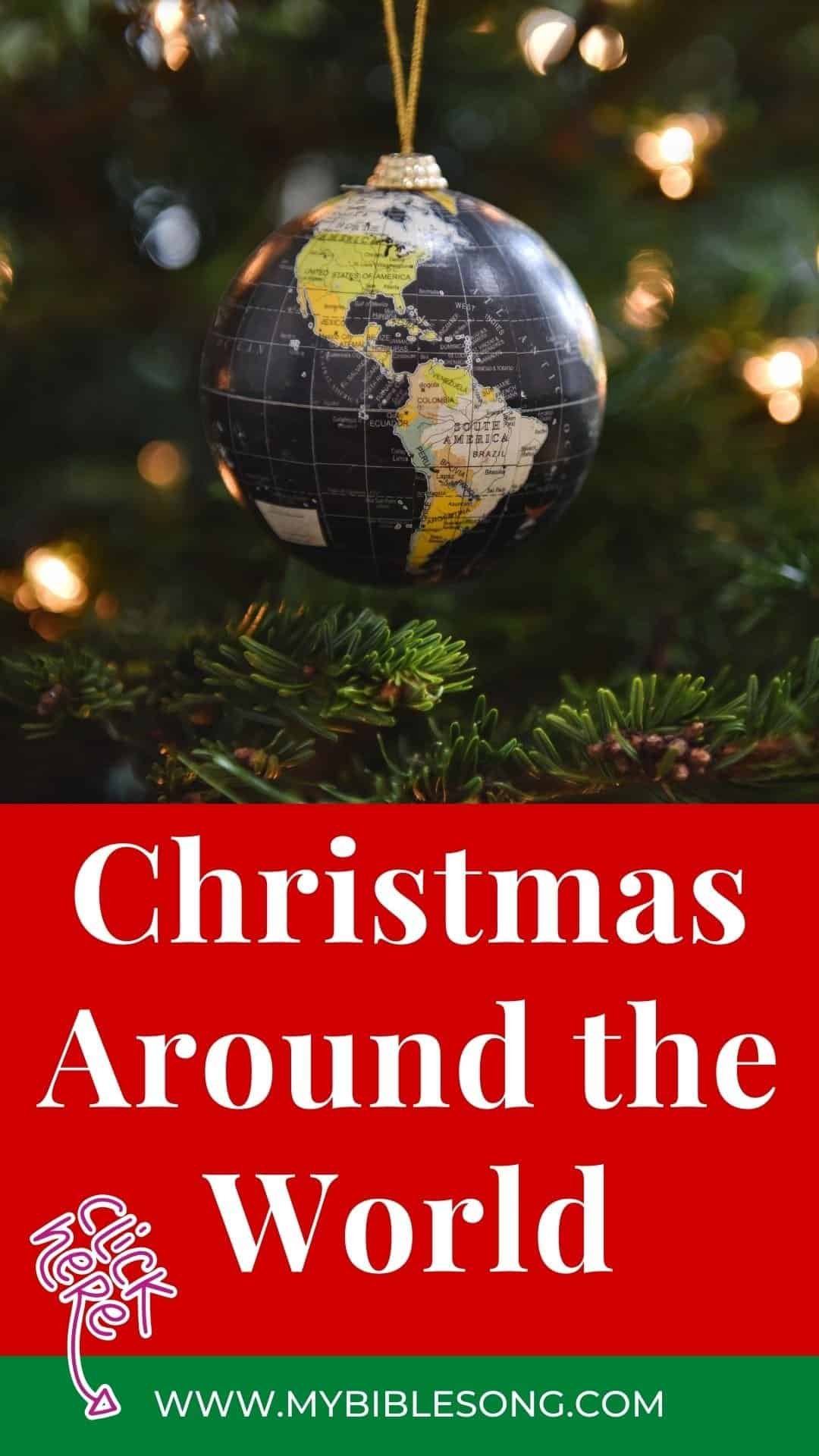 Bible Christmas ornament with world map design hanging on Christmas tree, celebrating global Christmas traditions, Christian holiday, and religious faith.