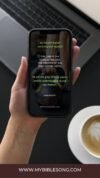 Android smartphone displaying a biblical verse from Isaiah on a black background, promoting MyBibleSong app with a focus on Christian music.