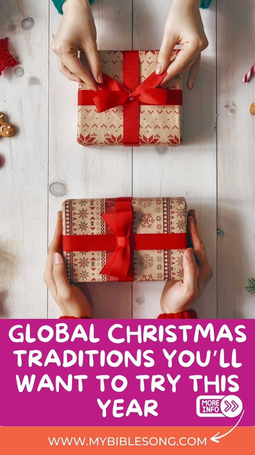 A festive image showing hands holding Christmas presents wrapped with holiday-themed paper and red ribbons, perfect for promoting Christmas gift ideas and Christian music at My Bible Song.