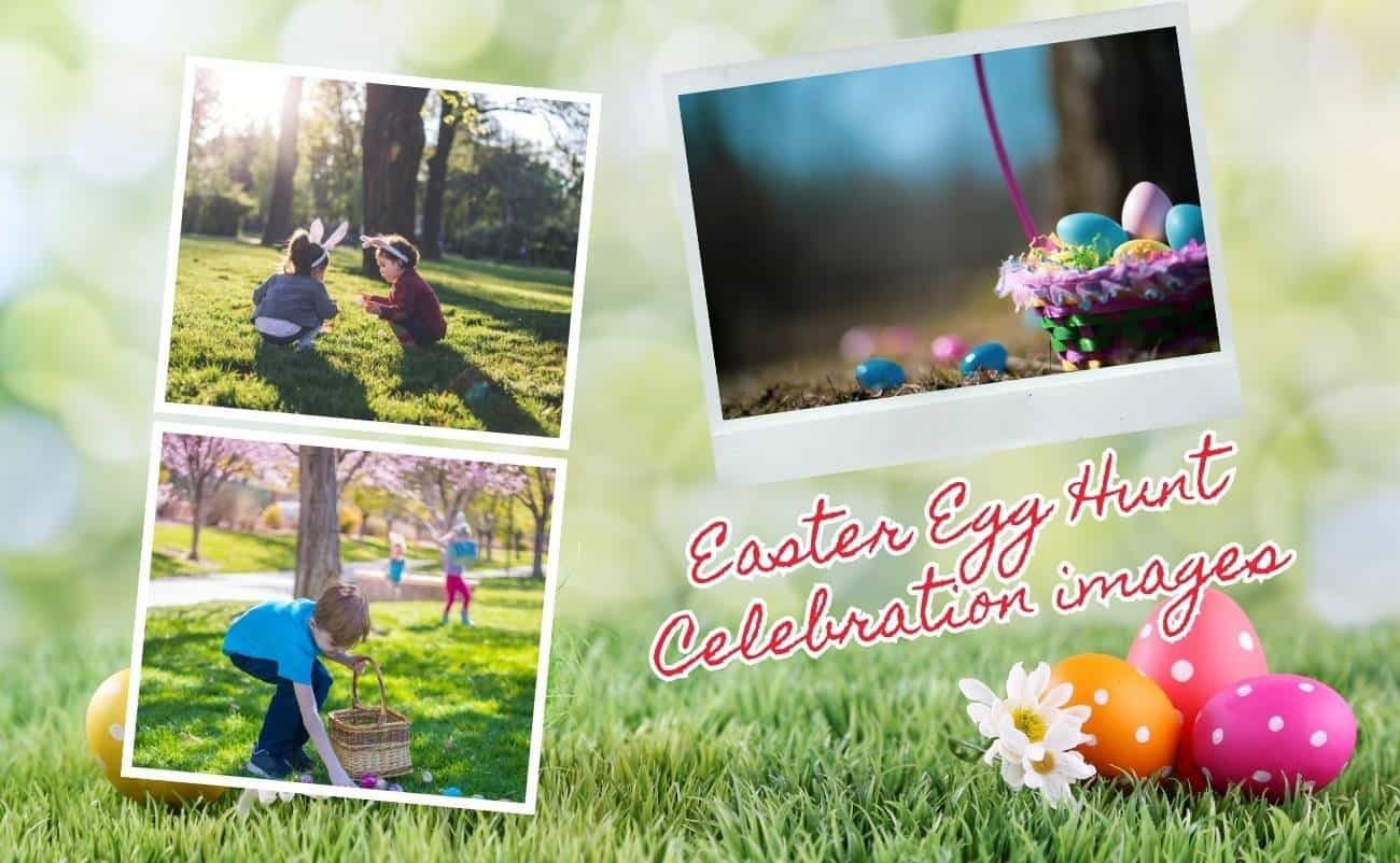 Colorful Easter eggs and children celebrating Easter egg hunt outdoors in spring.