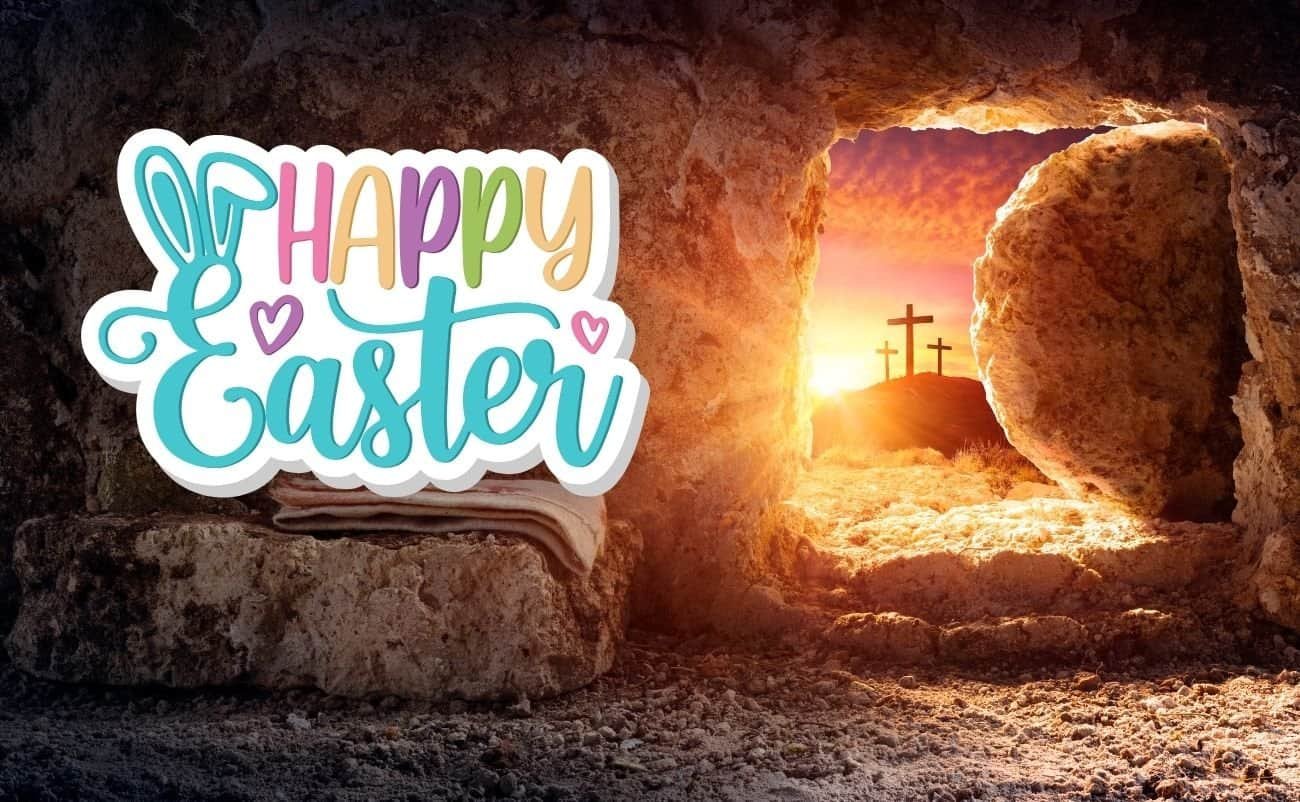 Colorful Easter greeting with a bunny illustration and a cave opening showing crosses at sunrise celebrating Jesus' resurrection.