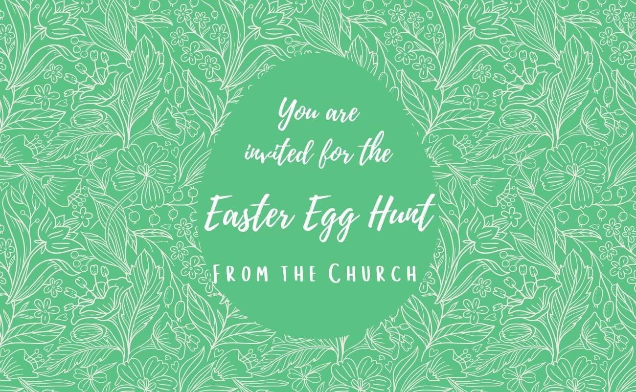 Easter Egg Hunt invitation from the church with floral background and playful design, perfect for kids' religious activities and community events.