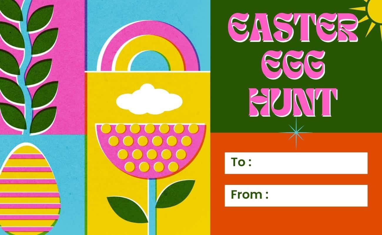 Colorful Easter Egg Hunt printable, perfect for children's Easter celebrations and religious activities, featuring bright designs, cheerful colors, and a space for personalized message or gift.