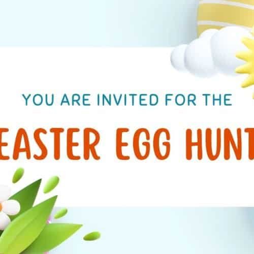 Easter egg hunt invitation poster with colorful decorated eggs and spring flowers, ideal for children’s religious Easter activities and Bible-based family fun.