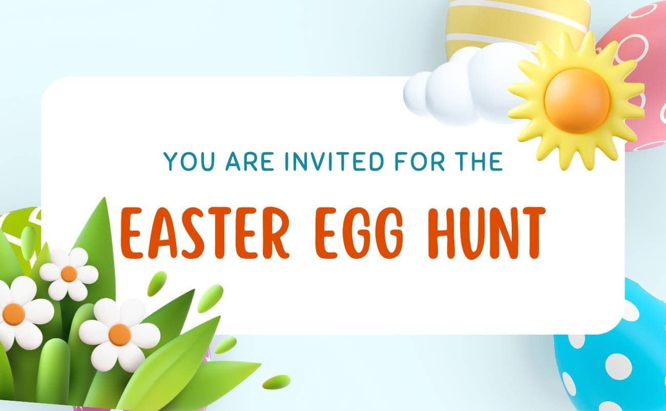 Easter egg hunt invitation poster with colorful decorated eggs and spring flowers, ideal for children’s religious Easter activities and Bible-based family fun.