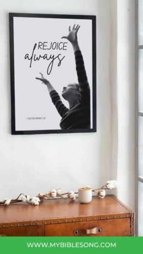 Rejoice always biblical wall art depicting a woman worshipping, inspired by 1 Thessalonians 5:16, perfect for Christian home decor.