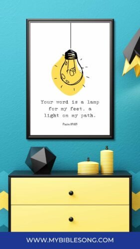 Light bulb illustration with biblical quote from Psalm 119:105 about God's word being a lamp to our feet, displayed on a framed poster on a vibrant blue wall.