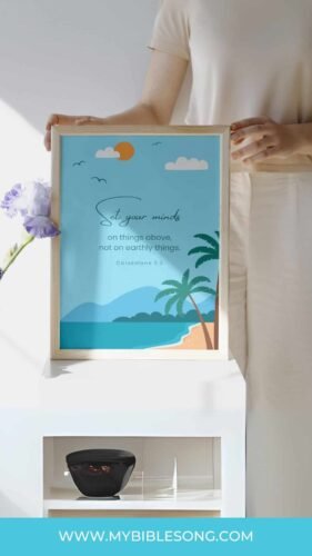 Relaxing beach scene with palm trees and ocean waves, inspiring Bible verse from Colossians 3:2 to set your mind on spiritual things. Perfect for Christian encouragement and religious decor.