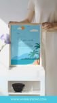 Relaxing beach scene with palm trees and ocean waves, inspiring Bible verse from Colossians 3:2 to set your mind on spiritual things. Perfect for Christian encouragement and religious decor.
