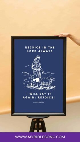 Rejoice in the Lord always biblical poster featuring a scripture from Philippians 4:4 with an illustration of a woman and a shepherd dog, promoting faith and worship through My Bible Song.
