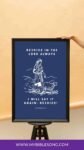 Rejoice in the Lord always biblical poster featuring a scripture from Philippians 4:4 with an illustration of a woman and a shepherd dog, promoting faith and worship through My Bible Song.