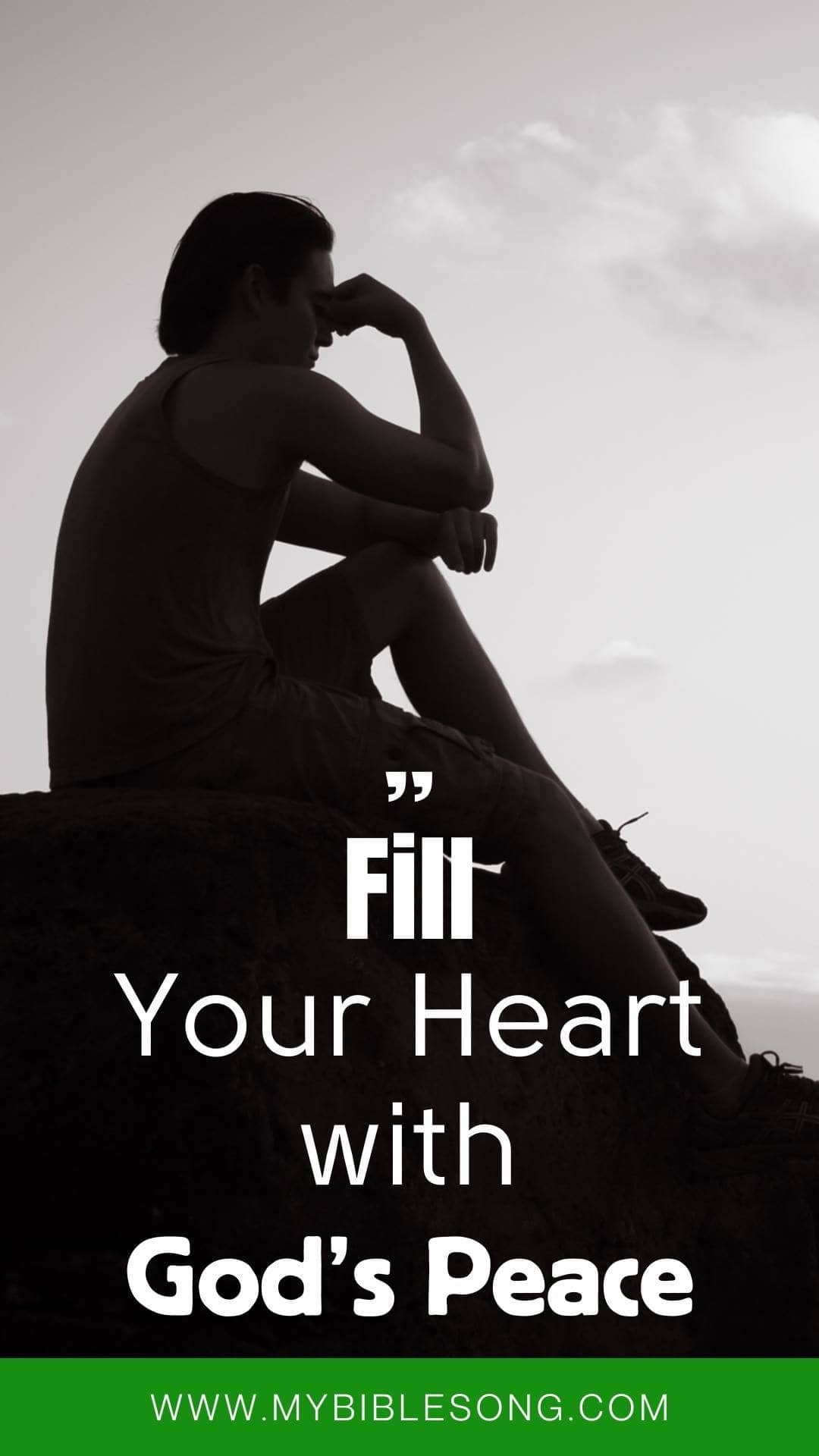 Prayerful young man sitting on a rock, contemplating with his hand on his forehead, symbolizing faith, peace, and spirituality, promoting Christian worship and Bible song inspiration.