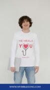 Healing prayer t-shirt with scripture Psalm 147:3, Christian faith clothing, medical professional inspired, worship apparel, faith-based health encouragement, My Bible Song brand logo.
