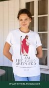 Sheep illustration on a white T-shirt with the message "I am the good shepherd" from John 10:14, symbolizing biblical themes of Jesus as the shepherd looking after His flock.
