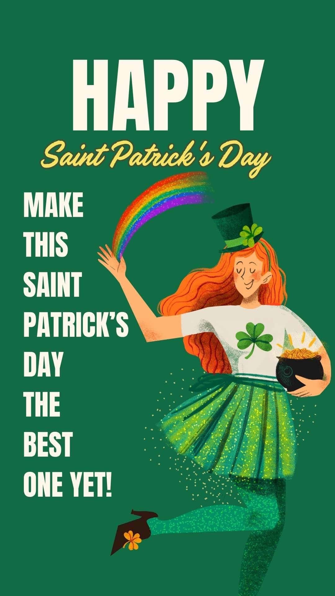 Colorful St. Patrick's Day greeting featuring a cheerful girl in festive attire, holding a pot of gold and a rainbow, celebrating with a smile. Perfect for St. Patrick’s Day, Holy Week, and Christian-themed holiday greetings.