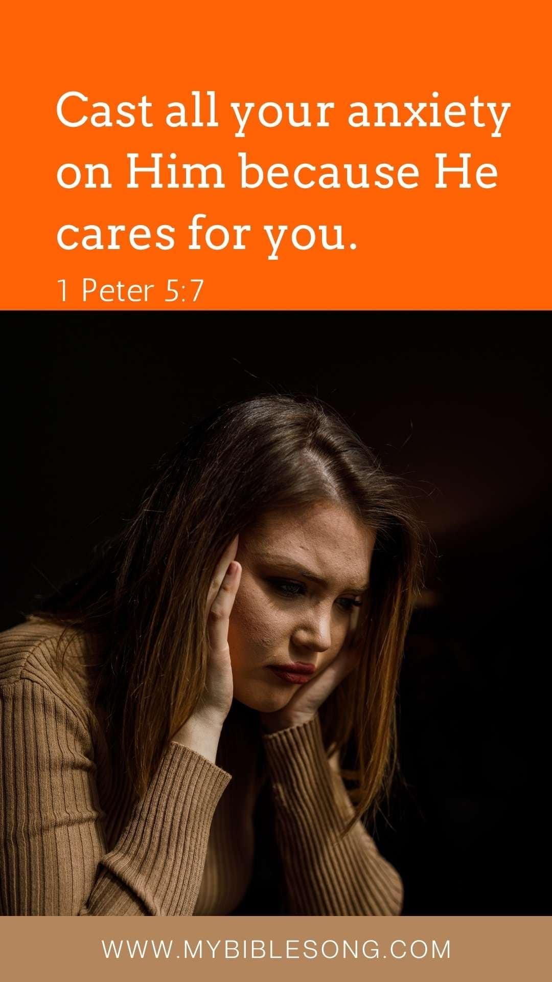 Cast anxiety relief from biblical verses, woman worried and distressed, spiritual encouragement from 1 Peter 5:7, faith-based mental health support, Christian prayer for anxiety.