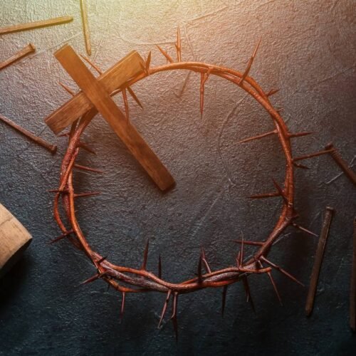 12 Inspiring Good Friday Images with Scripture to Reflect and Renew Your Faith My Bible Song 2025 Crown of thorns with nails and a wooden cross, symbolizing Jesus' crucifixion and sacrifice in Christian faith. Perfect for biblical and spiritual themes related to salvation and redemption.