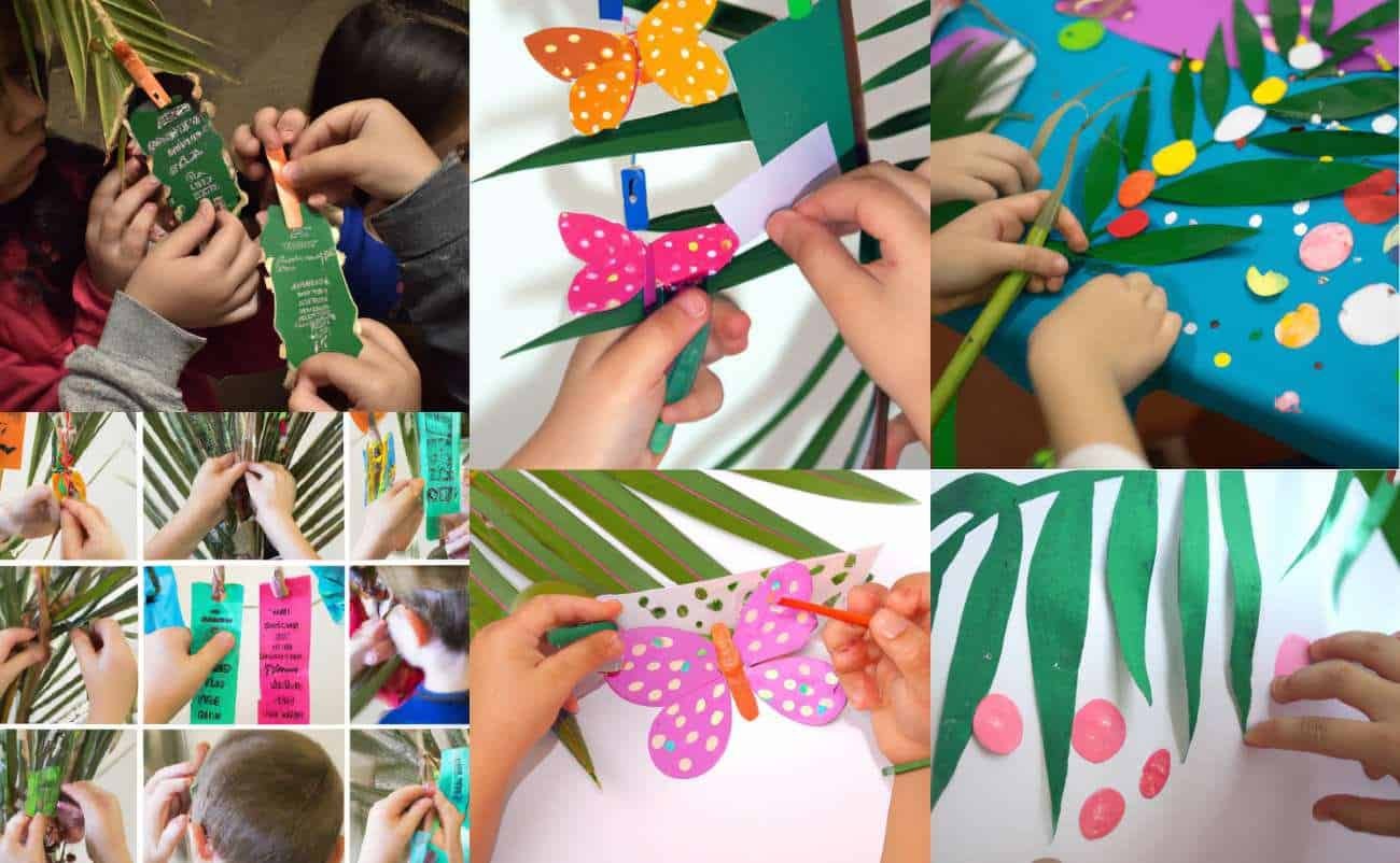 Green paper butterfly craft for kids, palm leaves, kids decorating with colorful paper, creative arts and crafts, educational activity for children, My Bible Song themed craft project, preschool arts activity, holiday craft idea, colorful paper decorations for children's learning and worship.