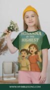 Bouquet of daisies held by a young girl wearing a "HOSANNA IN THE HIGHEST" t-shirt, symbolizing worship and praise in Christian faith.