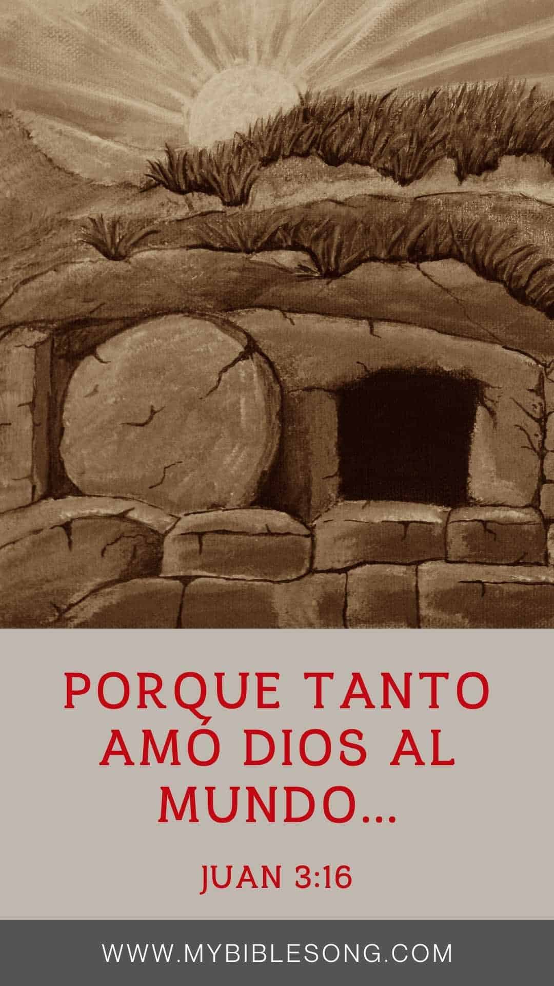 Earth-toned drawing of a biblical cave scene with the quote "Porque tanto amo Dios al mundo... Juan 3:16" and website link for Christian song resources.