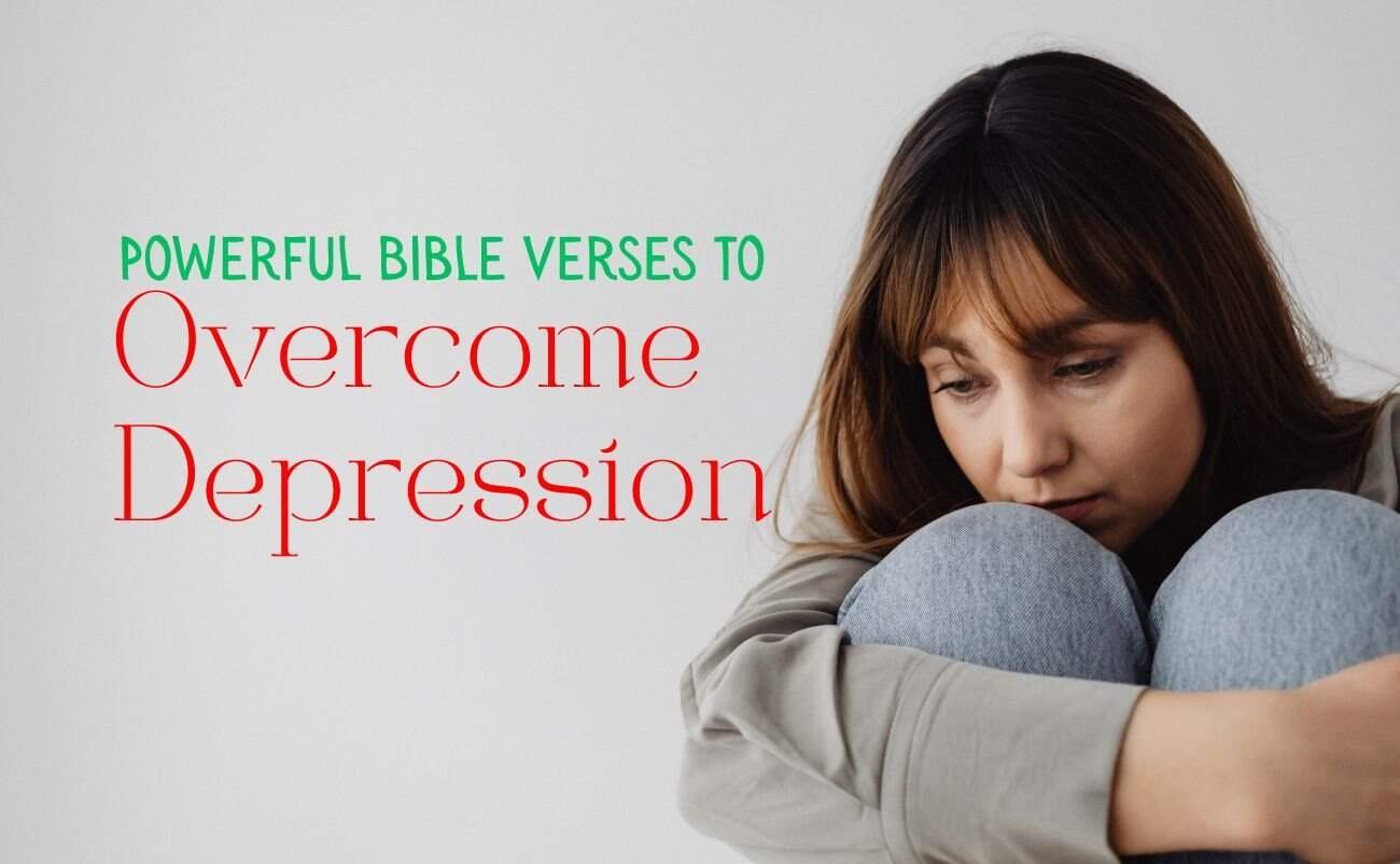 Hopeful woman with brown hair sitting close to her knees, reflecting comforted by faith, with text overlay promoting powerful Bible verses to overcome depression on the My Bible Song website.