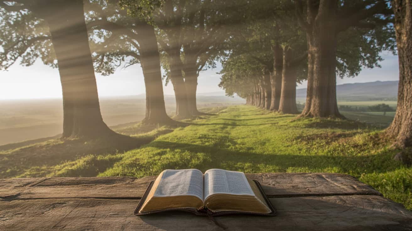 Bible open on a rustic wooden table in a peaceful outdoor setting with tall trees and sunlight streaming through, perfect for Bible study or spiritual reflection.